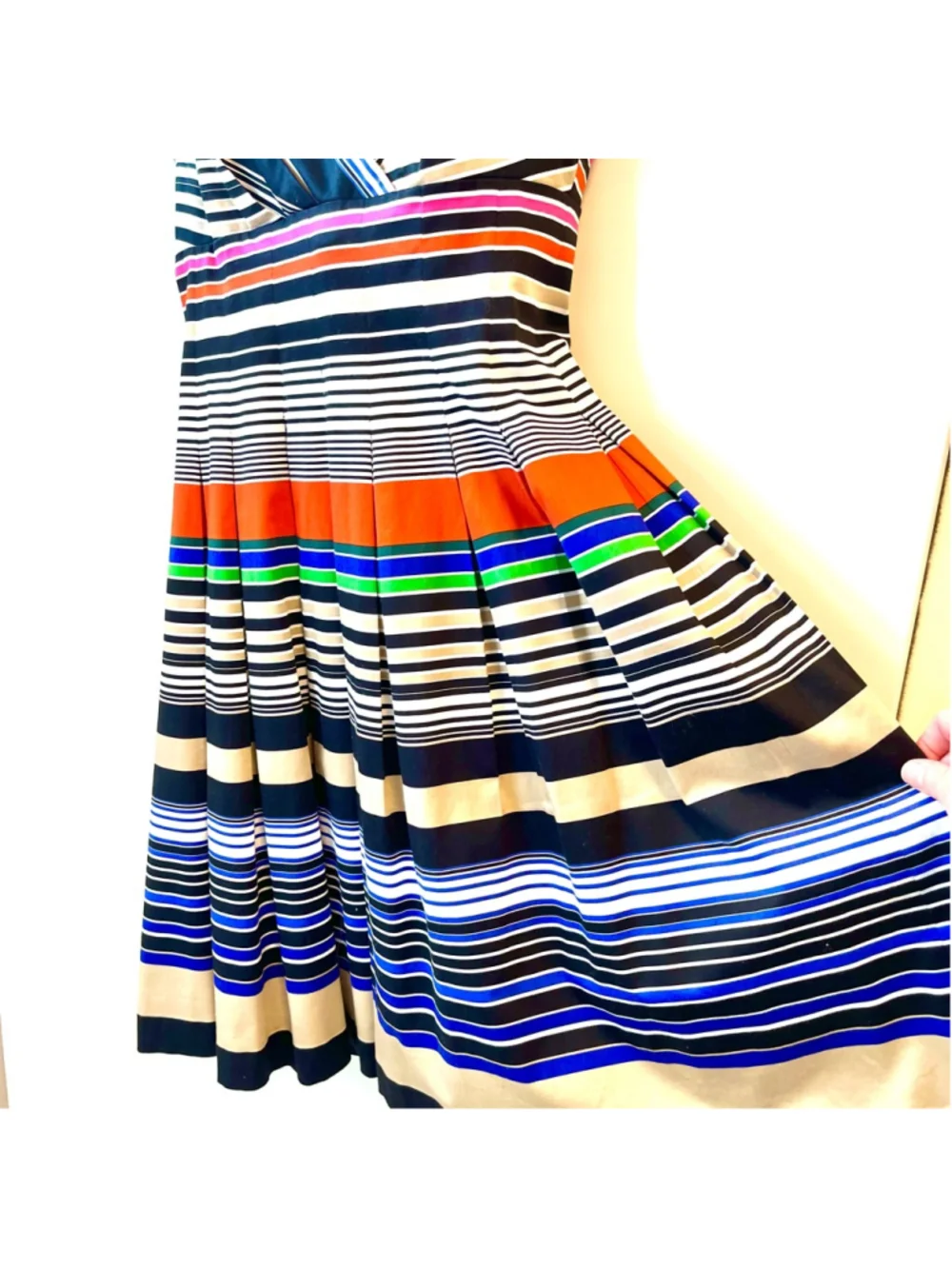 Calvin Klein Multicolor Striped Fit & Flare Pleated Sundress Cotton Stretch Midi - Picture 9 of 16